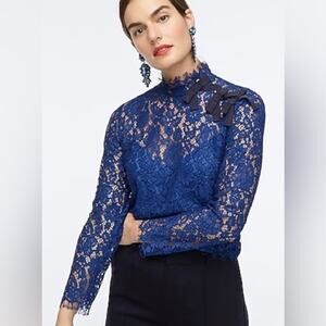 J. Crew Elegant Lace Top Women's Size 6 Blue w/Black Bow Accents Overlay Cruise